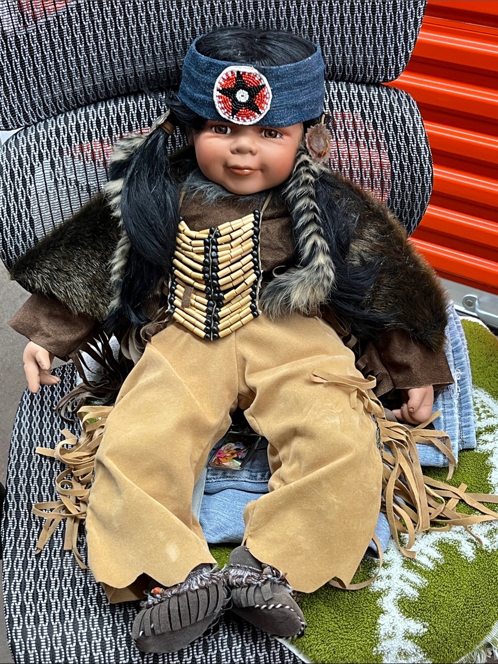 Collector-Style Decorative Doll in Brown & Tan with Blue Headband